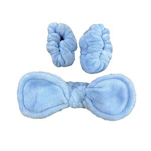 Soft Plush Blue Bow Headband & Wristbands Set For Skincare & Makeup Blue By Gnar